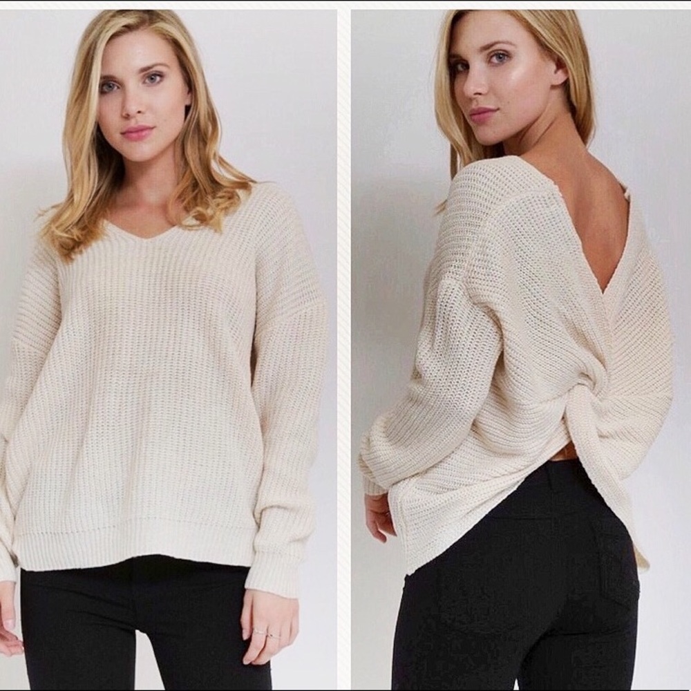 Off White Open Back Twist Off-the-Shoulder Sweater
